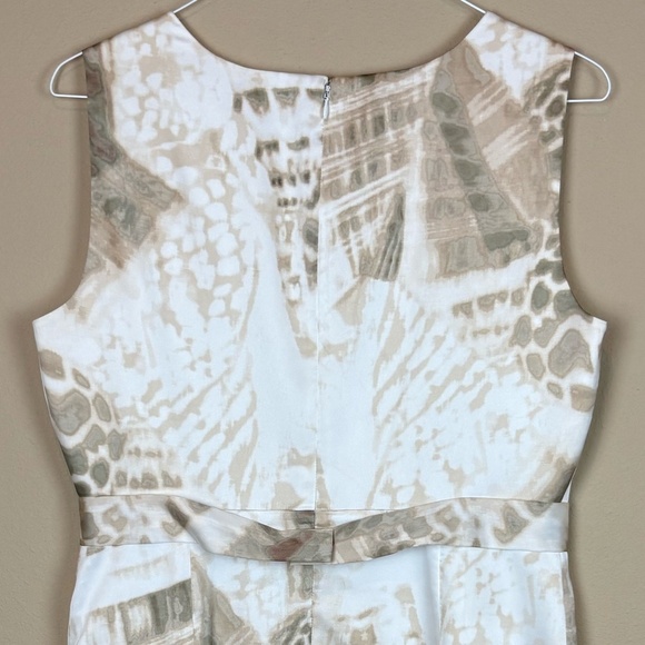 Tahari Satin Abstract Ivory/Brown Animal Print Sheath Sleeveless Lined Dress - Picture 5 of 13
